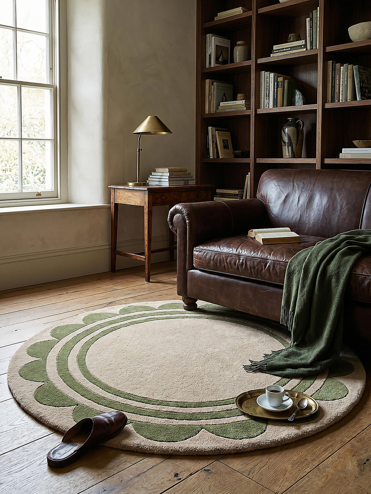 WOLLTEPPICH Grafisches Muster, Rahmen, Wohnzimmer schmutzabweisend Grün-Beige Rund 120x120 - Grün, Textil (120/120cm) - KADIMA DESIGN
