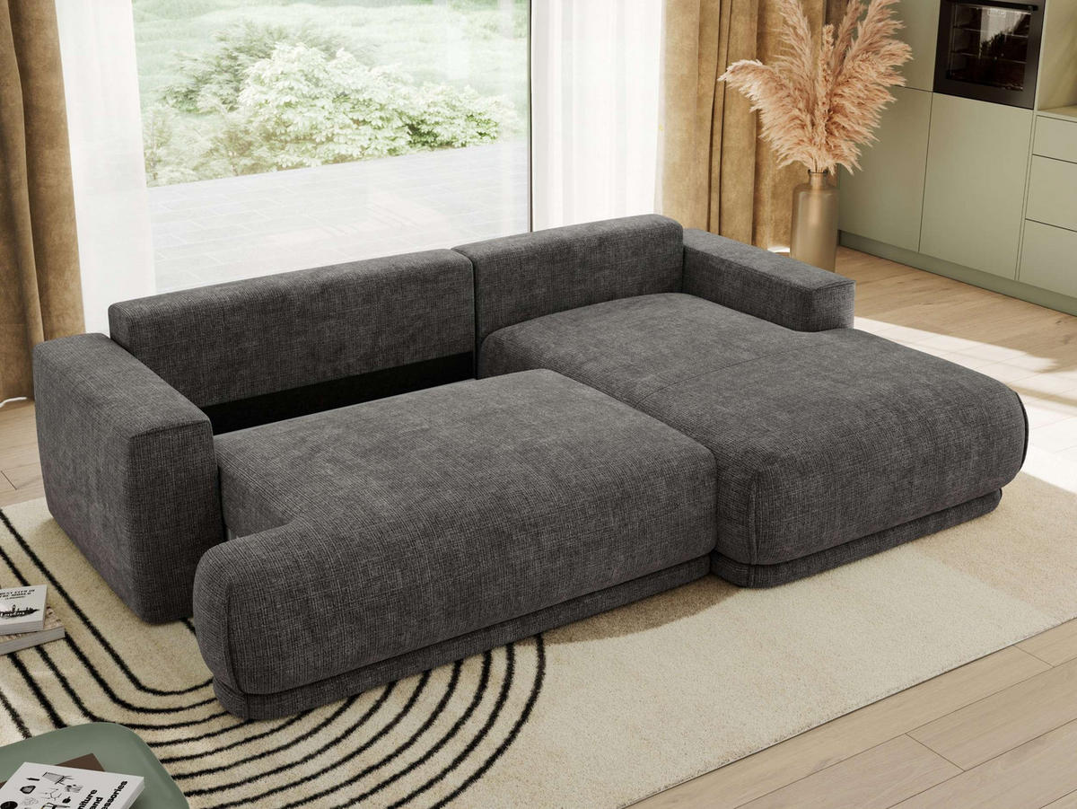 ECKSCHLAFSOFA RINA L Grau Schenille grob gewebt - rechts - Schwarz/Grau, Kunststoff/Textil (170/267cm) - MKS