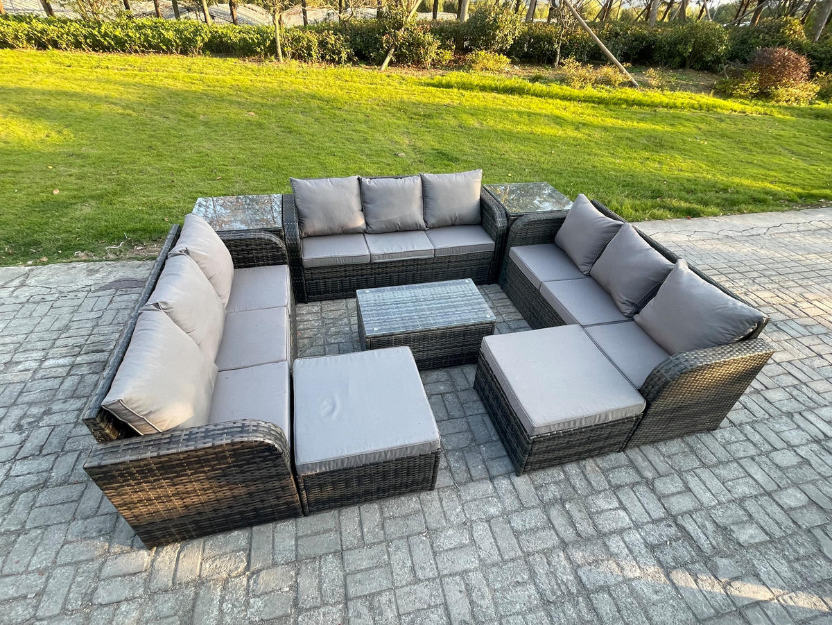 GARTENMÖBELGARNITUR mit KISSEN Polyrattan Dunkelgrau 11-Sitzer - Dunkelgrau/Grau, Glas/Kunststoff - Fimous