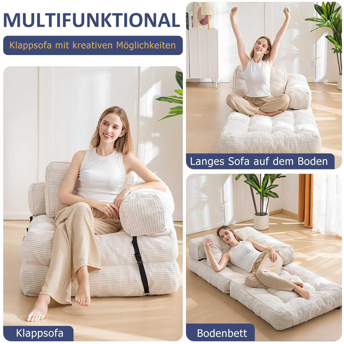 SOFA 1 Sitzer faltbar mit Armlehnen, 170x85 cm, für Wohnzimmer & Schlafzimmer,Beige - Beige, Textil (86/21/170cm)
