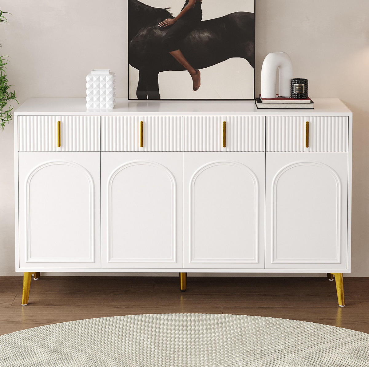 SIDEBOARD 140/38/82 cm Weiß aus MDF mit 4 Türen und 4 Schubladen - Weiß, Holzwerkstoff (140/82/38cm) - OKWISH