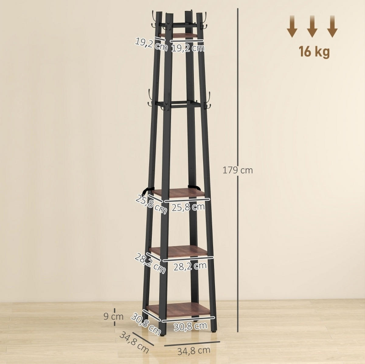 STANDGARDEROBE mit 8 Haken und 4 Ablagen, Industrial-Look, 34,8/34,8/179 cm - Braun, Holz (34.8/179/34.8cm) - BEAOK