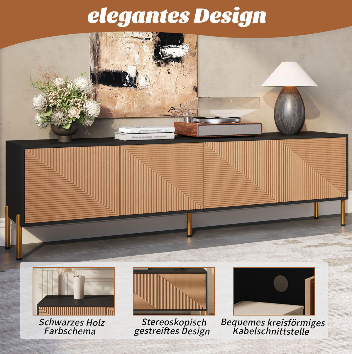 TV ormarić 179/35/53,5 cm crno-prirodni od iverice s 4 vrata i zlatnim metalnim nogama - svijetlo smeđa, drvni materijal (179/53.5/35cm) - OKWISH