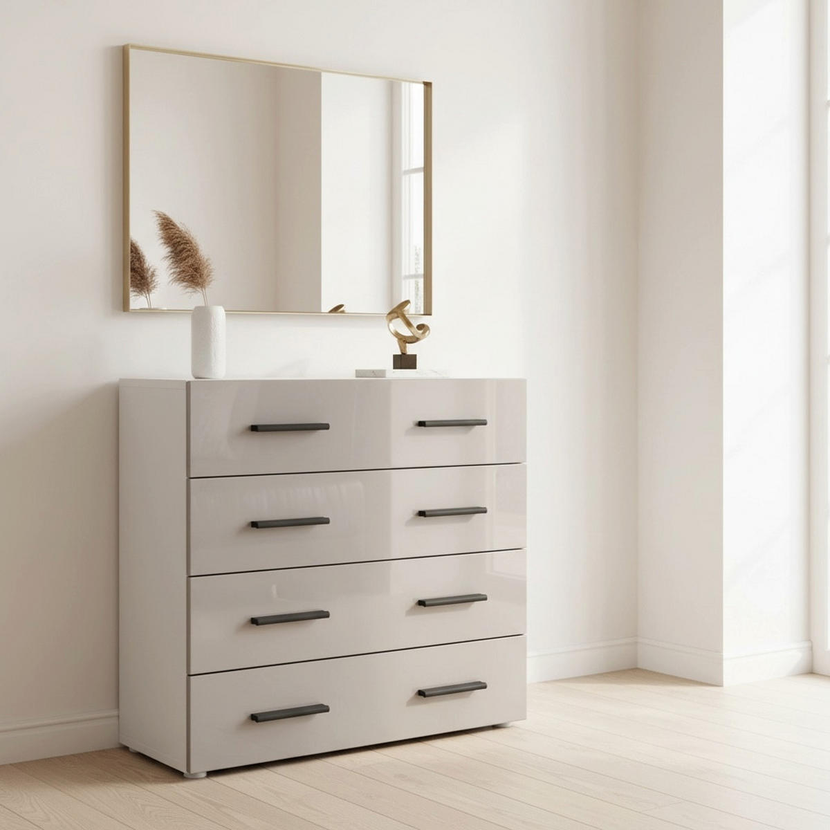 KOMMODE Den, Sideboard mit 4 Schubladen, Made in Germany, Moderner Schrank, Weiß matt / Sandgrau Hochglanz (76 x 72 x 35 cm) - Beige, Holzwerkstoff (76/72/33cm) - InnoFurn