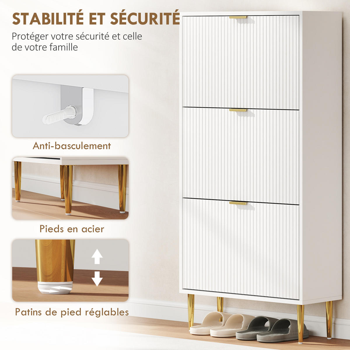 SCHUHSCHRANK DE-15040 3 Klapptüren mit Rillenfront & verstellbaren Böden Weiß - Weiß, Holzwerkstoff (60/128/24cm) - ComfortXL