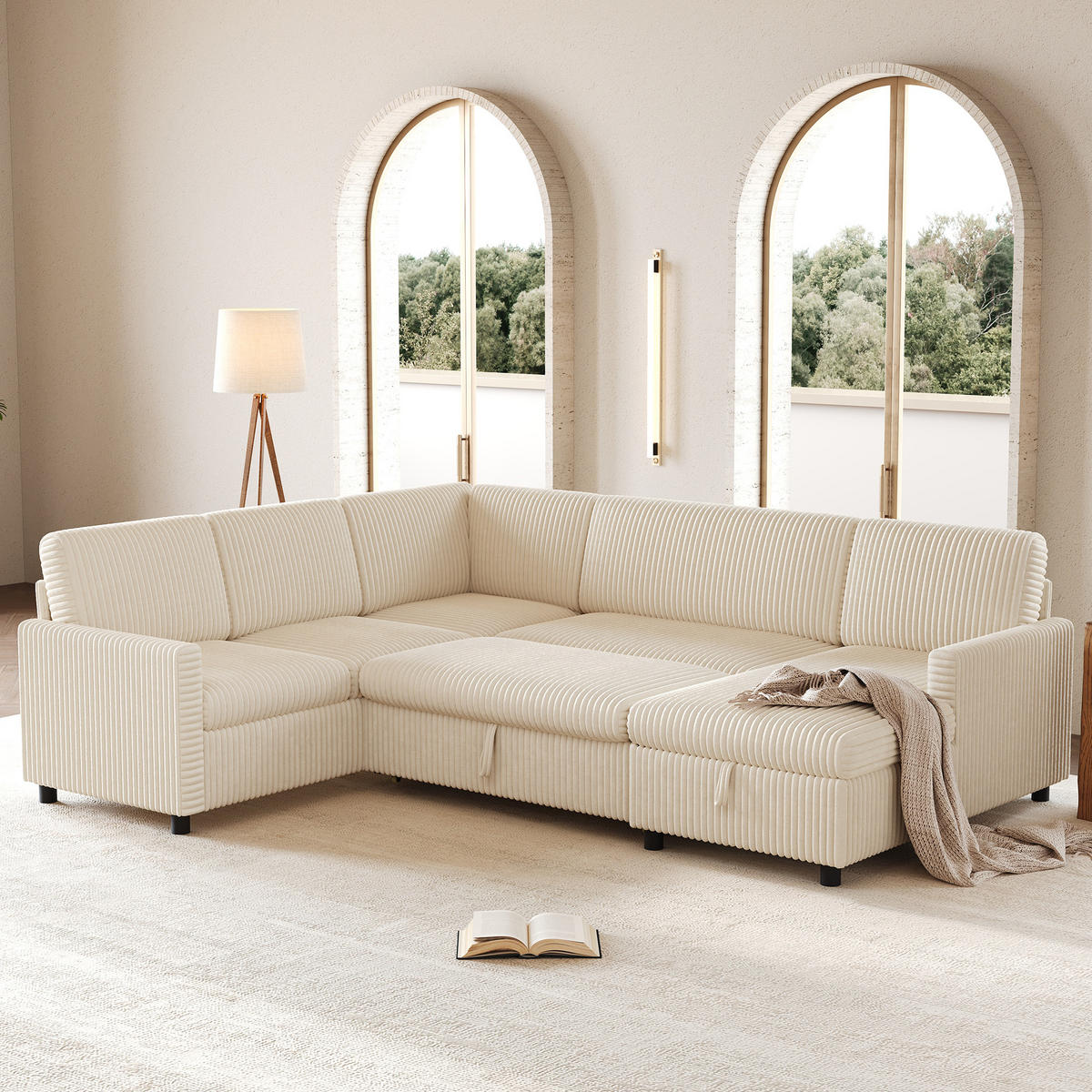 SOFA U Oblik na Razvlačenje Cord 220x274x85 cm Bež - bež, tekstil (274/85/220cm) - FLIEKS