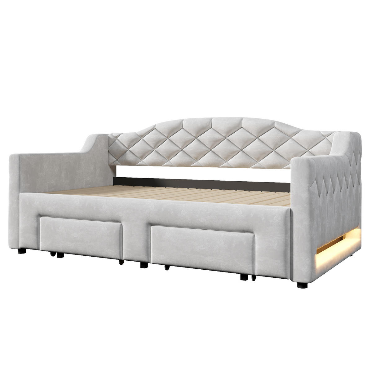 KREVET 90/200 cm s izvlačnim ležajem, LED osvjetljenjem i dvije ladice, Siva - siva, tekstil (90/200cm) - Redom