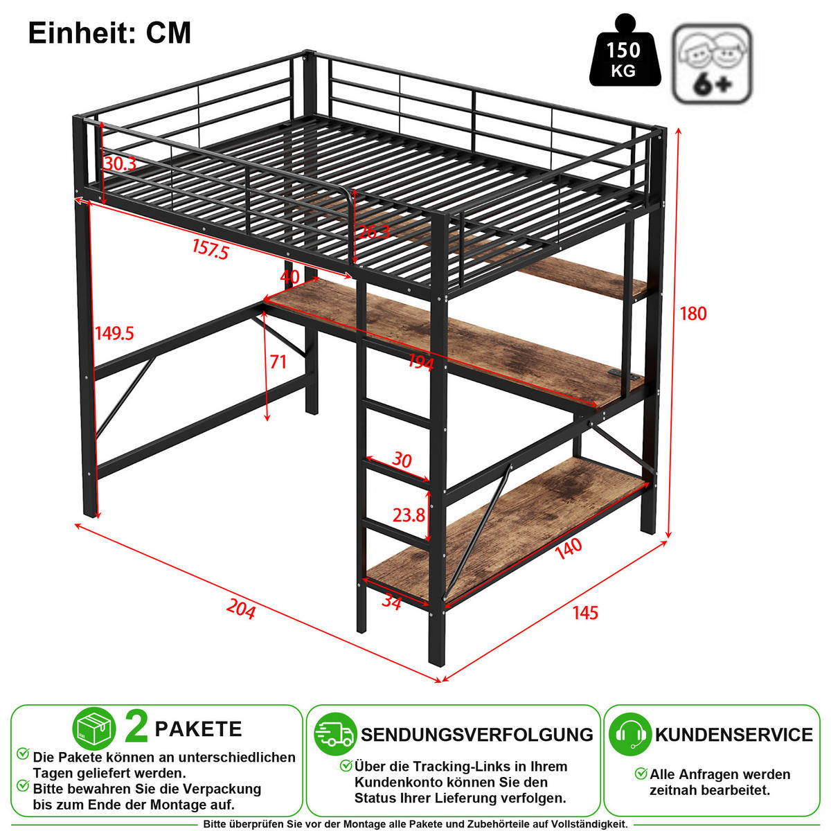 HOCHBETT 140/200 cm in Schwarz mit LED, USB und Schreibtisch - Schwarz, Holzwerkstoff/Metall (140/200cm) - CHICFURN