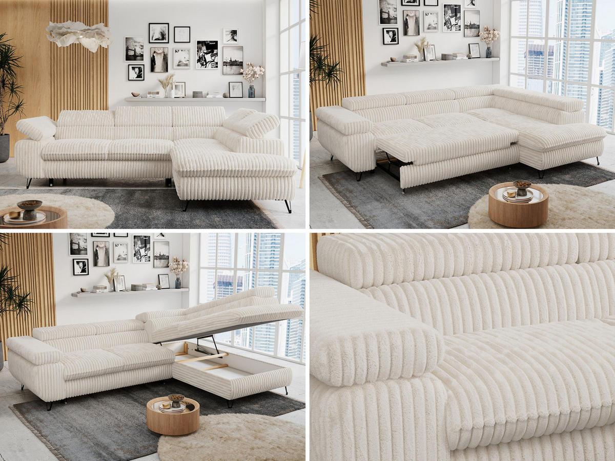 ECKSOFA PETER L Beige Cord - Rechts Seite - Beige/Schwarz, Textil/Metall (273/208cm) - MKS