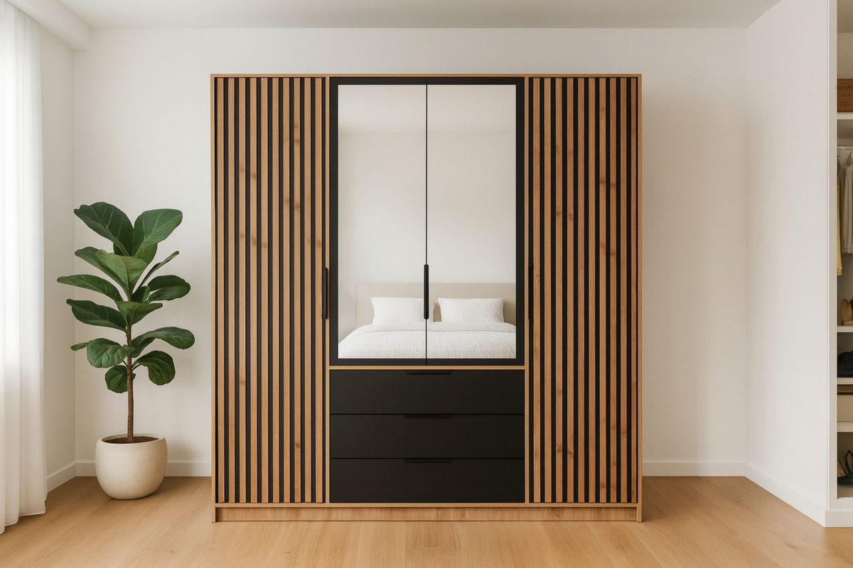 DREHTÜRENSCHRANK LABOO LUX 196/200/58 cm in Eiche Wotan / Schwarz mit Lamellen - Eiche Wotan/Schwarz, Holzwerkstoff (196/200/58cm) - Deine Möbel 24