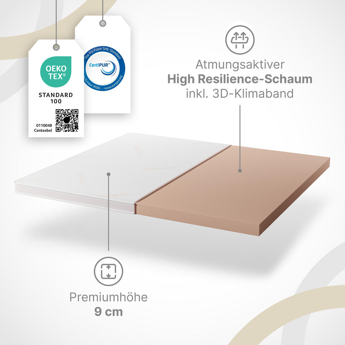 TOPPER 120/200 cm PremiumPLUS ca. 9 cm - Weiß, Textil (120/200cm) - wonello