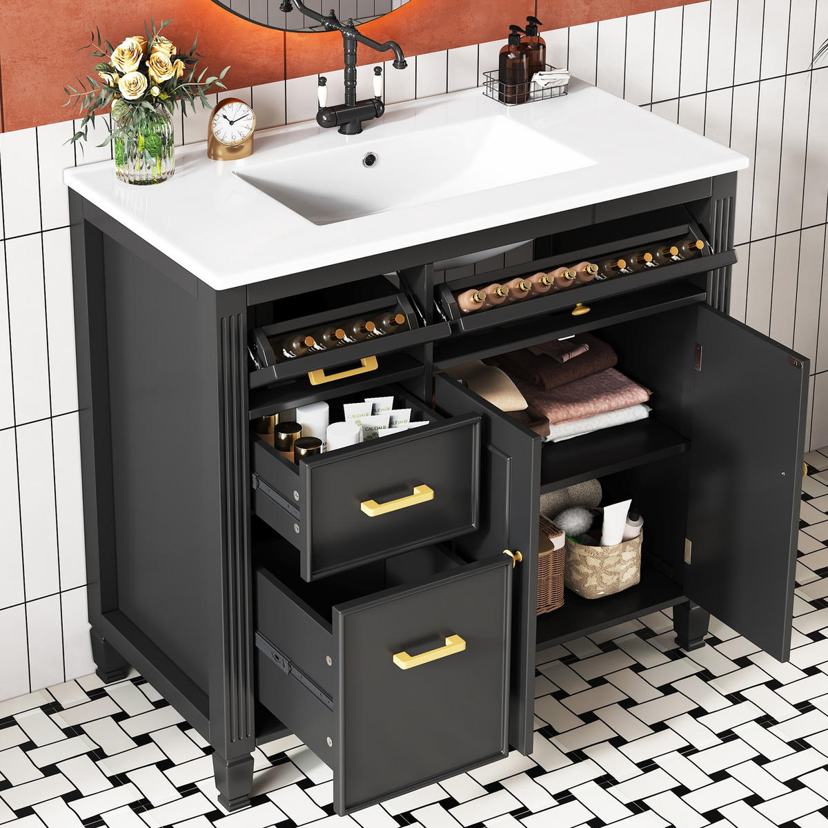 WASCHTISCHKOMBI 91.5/46.5/87 cm Schwarz mit 2 Schubladen, ohne Wasserhahn - Schwarz, Holz/Holzwerkstoff (46.5/87/91cm) - Oxeza