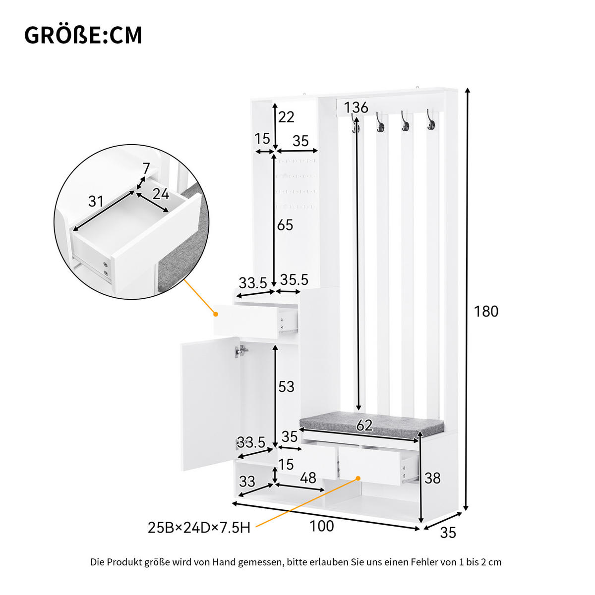 FLURGARDEROBE mit Sitzbank 100 x 35 x 180 cm MDF Weiß - Weiß, Holzwerkstoff (35/180/100cm) - Beauniv