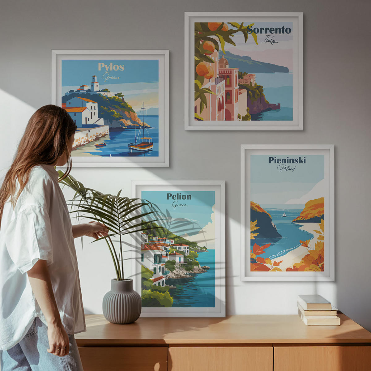 WANDBILDER 4er-Set - 50x50 cm & 40x60 cm Weißer Rahmen - Retro-Landschaften im malerischen Stil - Weiß, Kunststoff (50/50cm) - ArtPrintCave