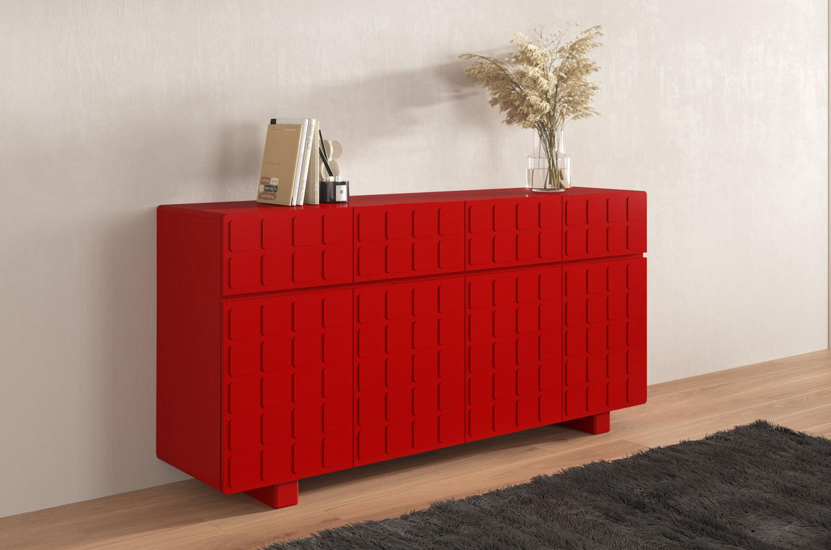 SIDEBOARD Cubo Long, Geometrische 3D Fronten, 169 cm, Rot - Rot, Holz/Holzwerkstoff (168.9/83.8/41.8cm) - Skandica