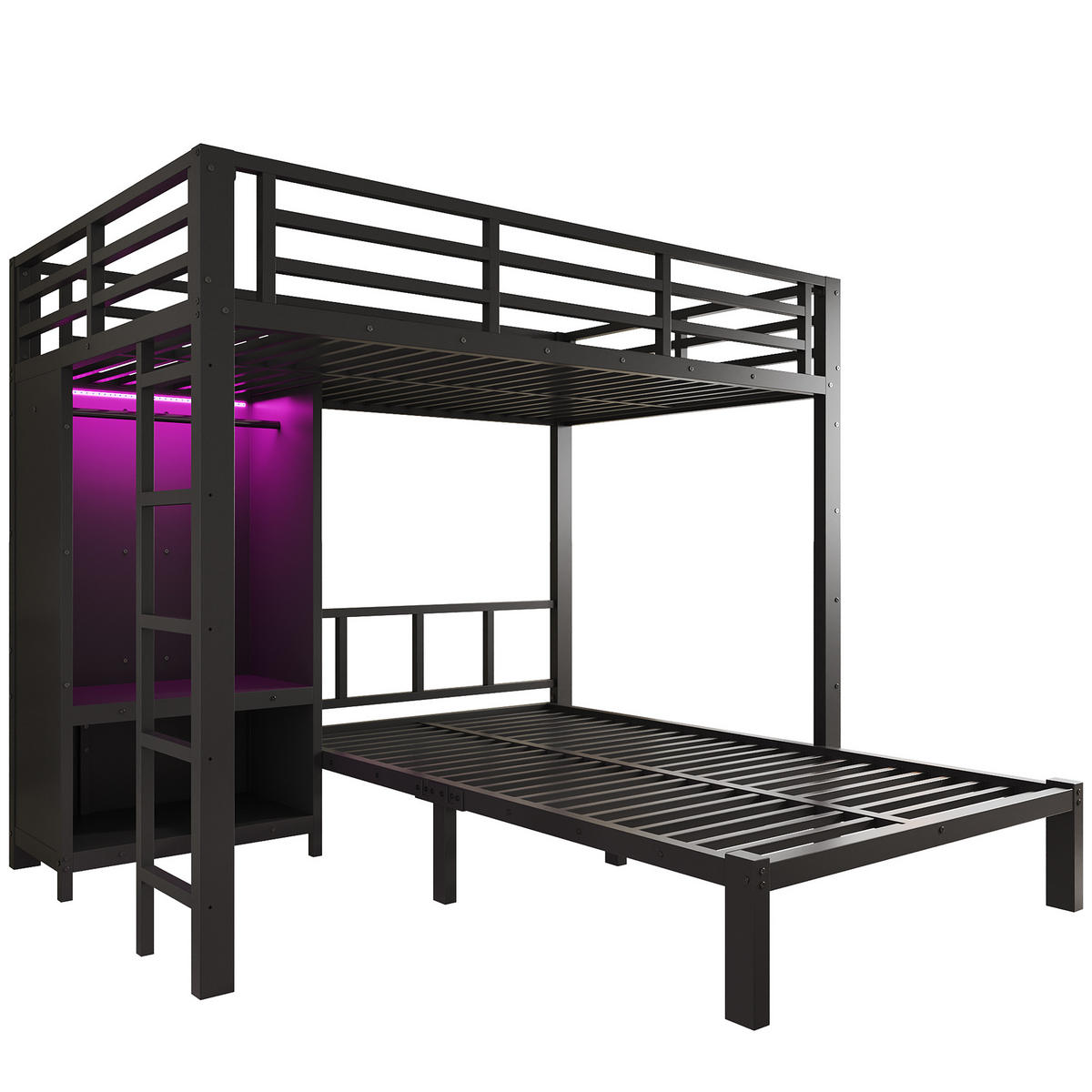 ETAGENBETT 120/200 cm mit Kleiderschrank und LED, DE-41766, in Schwarz - Schwarz, Metall (120/200cm) - ComfortXL