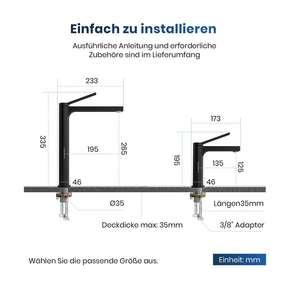 WASCHTISCHARMATUR mit Zertifiziertem Filterelement Schwarz Matt Hoher Stil - Schwarz, Metall (23.3/4.6/33.5cm) - EMKE