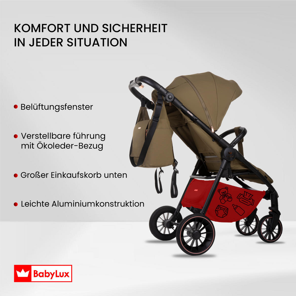 BUGGY Rombo, Klein und Leicht, Teleskopische Führung, Kompakt Faltbar, Wickeltasche, Reisetasche - Schwarz/Rosa, Textil/Metall (58/98cm) - BabyLux