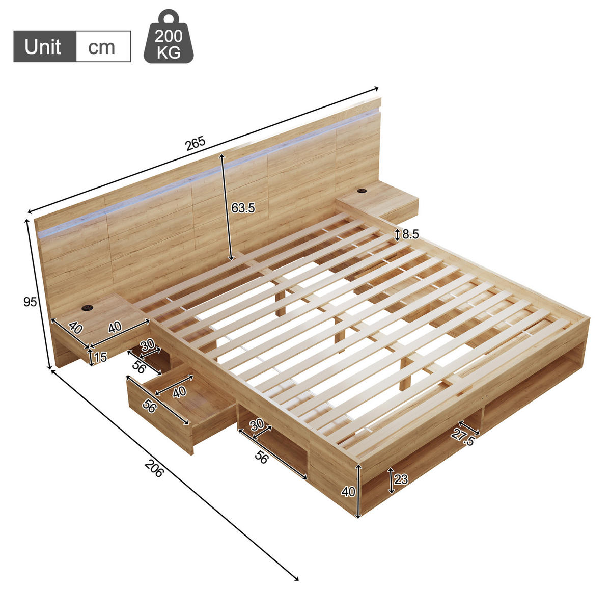 MANŽELSKÁ posteľ 180/200 cm prírodná z MDF s LED osvetlením, USB-C a integrovanými nočnými stolíkmi - prírodná farba, kompozitné drevo (180/200cm) - OKWISH