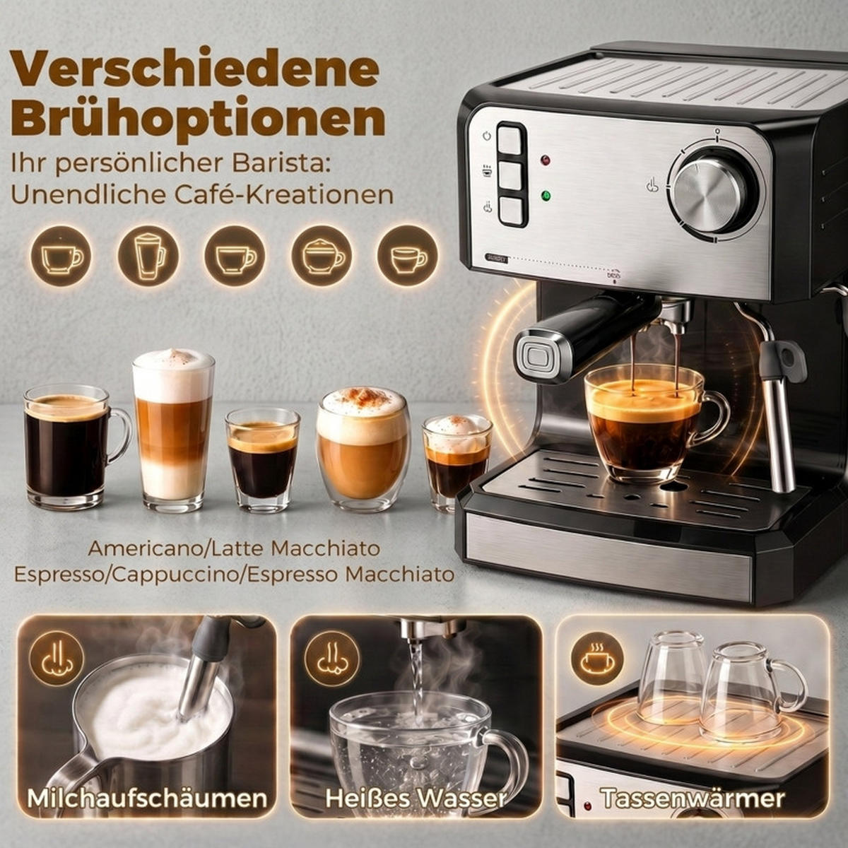 ESPRESSOMASCHINE 29/22/28cm, Schwarz, 20‑Bar‑Druck, Milchaufschäumdüse, 1,6‑l‑Wassertank - Schwarz, Metall (22/28/29cm)