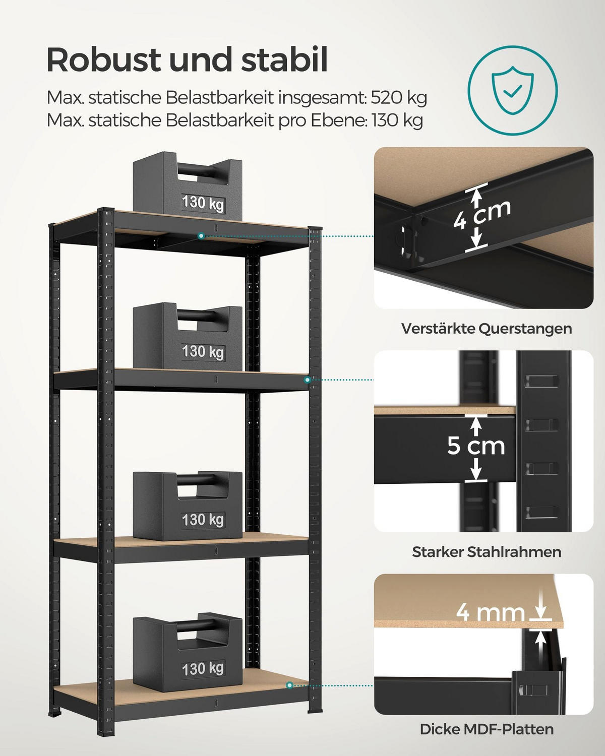 SCHWERLASTREGAL BISSAU - Schwarz, Holzwerkstoff (80/160/40cm) - Hansiro