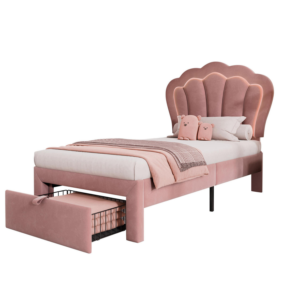 SAMT-POLSTERBETT mit LED-Beleuchtung 90/200 cm in Rosa mit Schublade - Rosa, Textil (90/200cm) - BEAOK