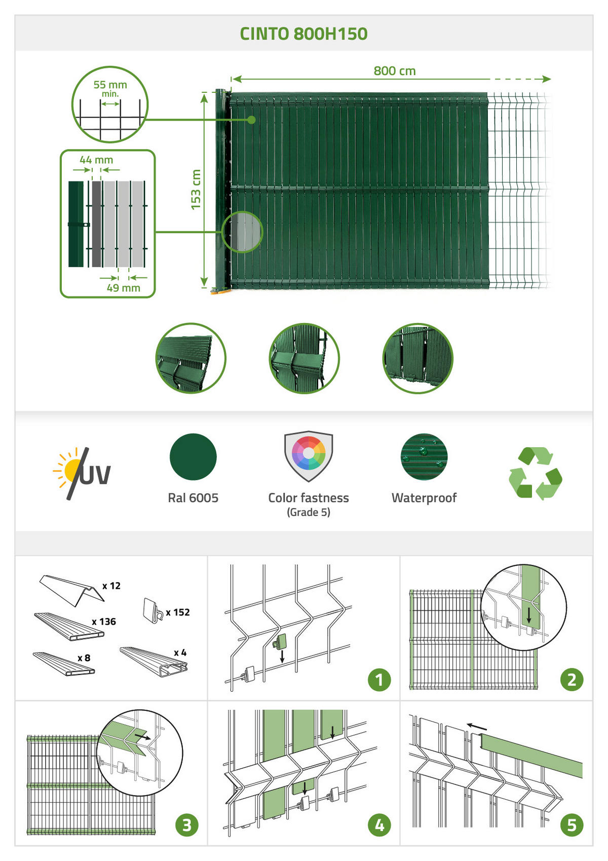 PVC-SICHTSCHUTZLAMELLEN-STEIF-SET Cinto grün 8m H.150cm - Mit clips und Endprofil - Grün, Kunststoff (800/153cm) - Casanoov