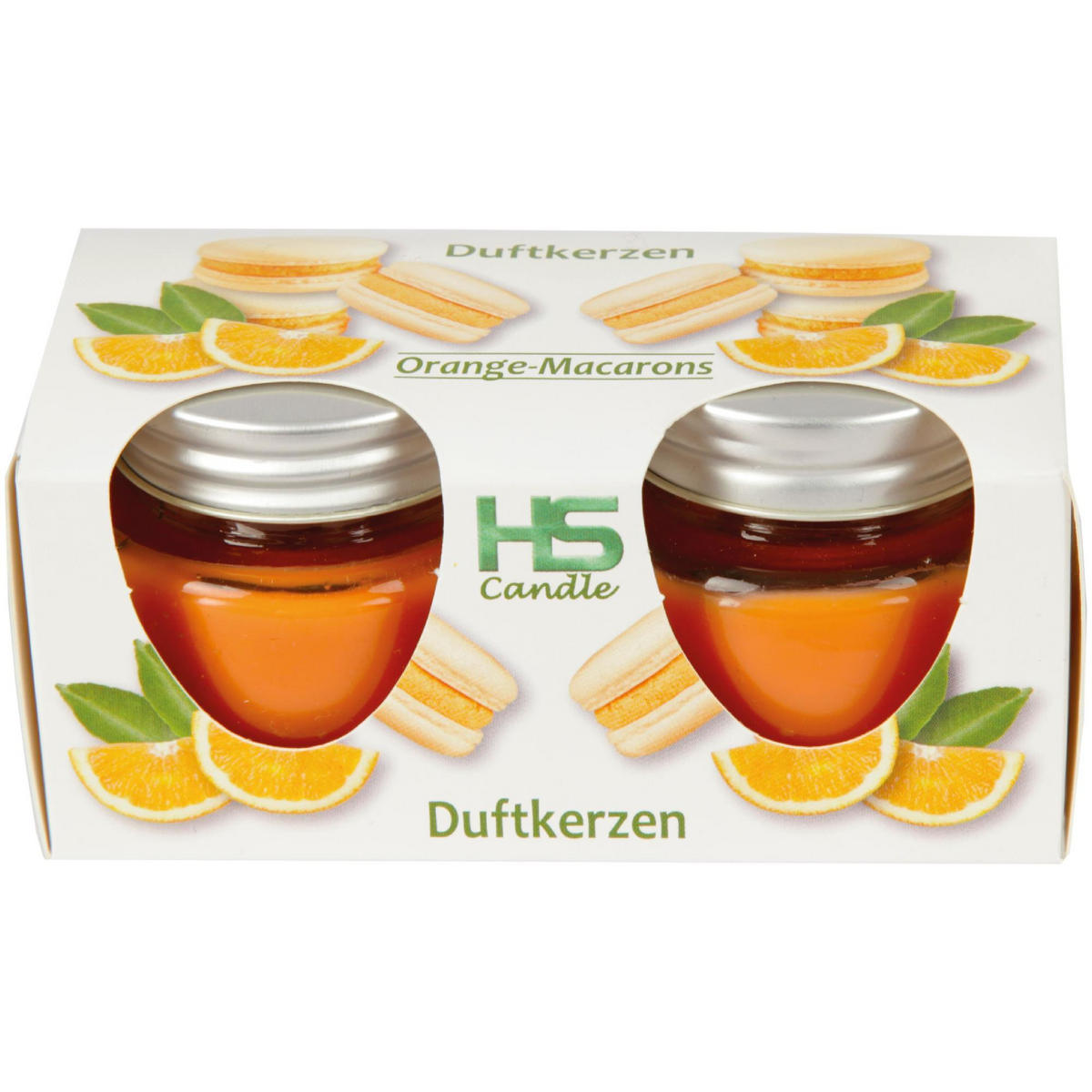 DUFTKERZE "Macaron Orange" im Glas mit Deckel, 2er Pack mit je ca. 7 Std. Brenndauer, Ø6cm , Raumduft als Geschenk und Dekoration - Orange, Glas (6/5cm) - HS Candle
