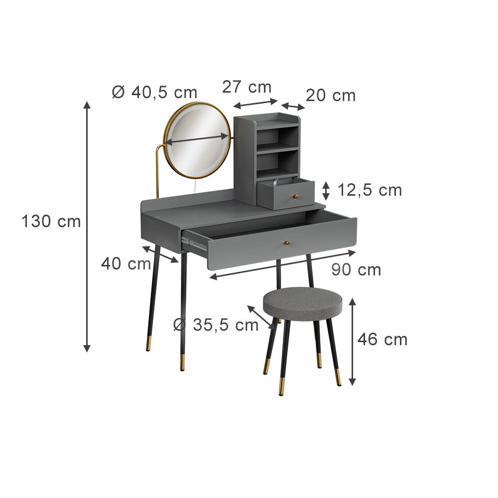 SCHMINKTISCH Mirela Grau 90 cm mit LED-Spiegel und Hocker - Grau, Holzwerkstoff (90/130/40cm) - Vicco