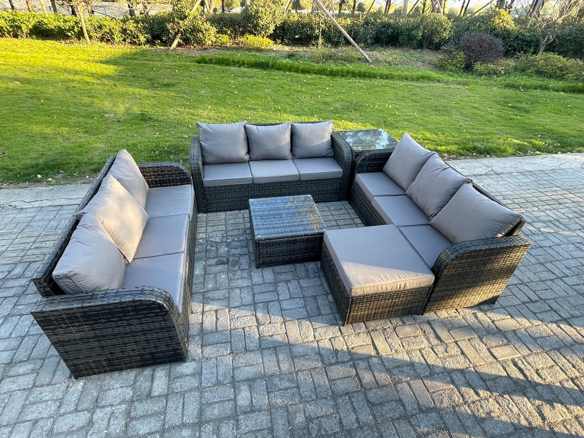 GARTENMÖBELGARNITUR mit KISSEN Polyrattan Dunkelgrau 10-Sitzer - Dunkelgrau/Grau, Glas/Kunststoff - Fimous