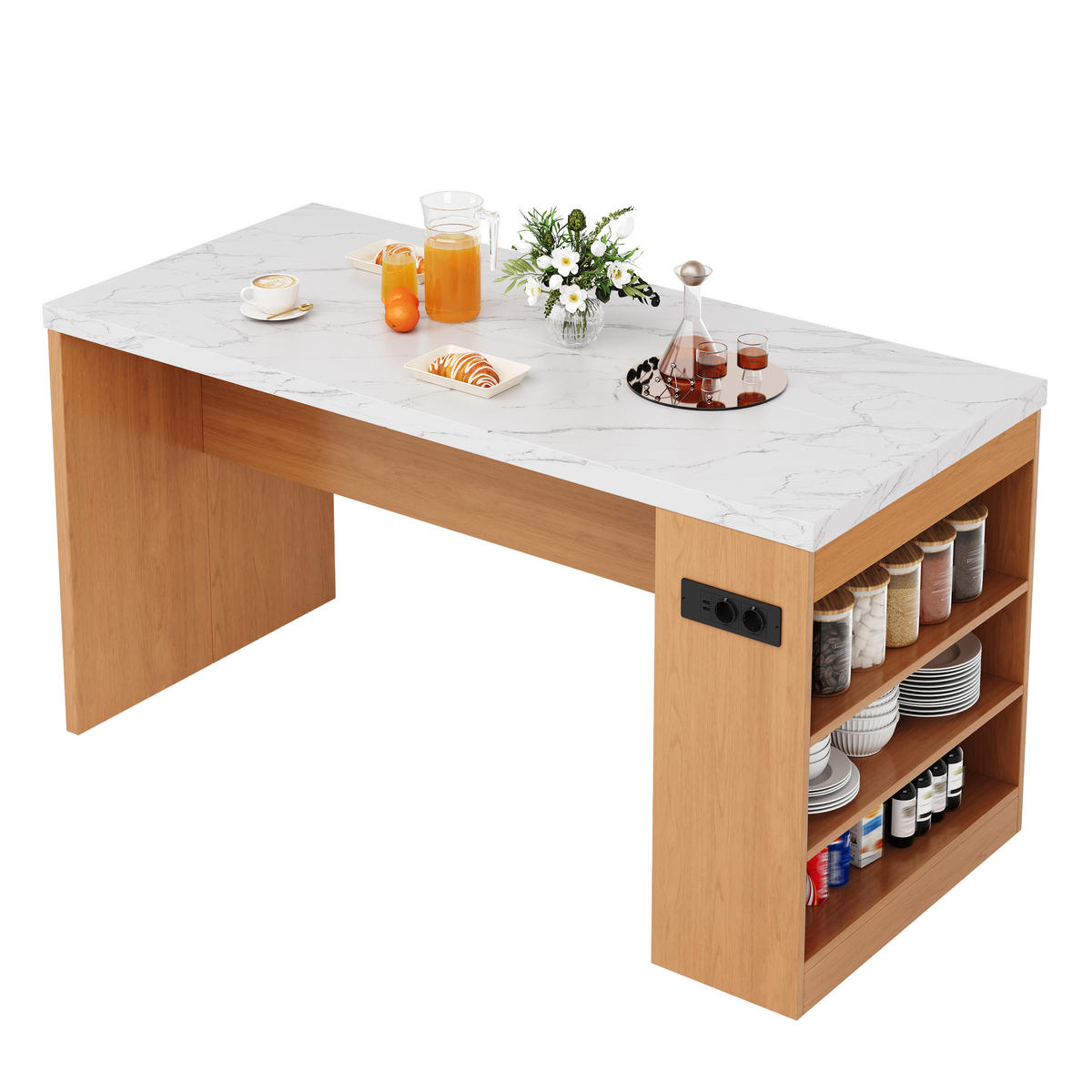 KÜCHENINSEL 90 cm MDF Natur Weiß mit LED-Beleuchtung und USB-Steckdose - Weiß, Holzwerkstoff (80/90/155cm) - Korfee