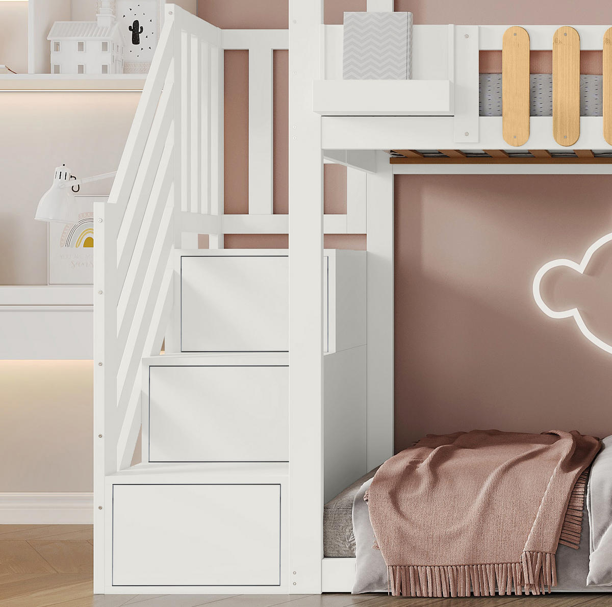 POSCHODOVÁ posteľ 90/200 cm biela/prírodná so schodmi a úložným priestorom z masívneho borovicového dreva a MDF - biela, kompozitné drevo (90/200cm) - OKWISH