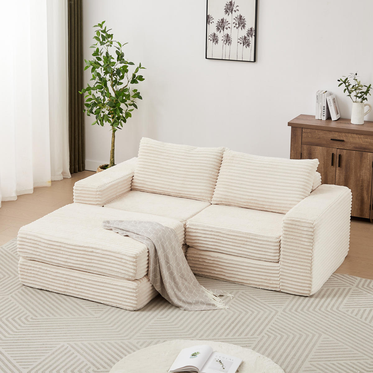 SOFA-BETT modular mit beweglicher Fußstütze Cord Beige - Beige, Kunststoff (169.5/194cm) - Meubliv