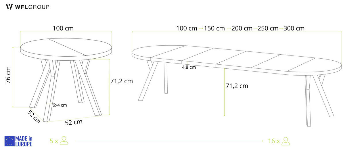 ESSTISCH Twixy XXL groß rund oval ausziehbar, Eiche Hell Braun 100-300/100/76 cm - Schwarz/Braun, Holz/Holzwerkstoff (100/300/76cm) - WFL GROUP