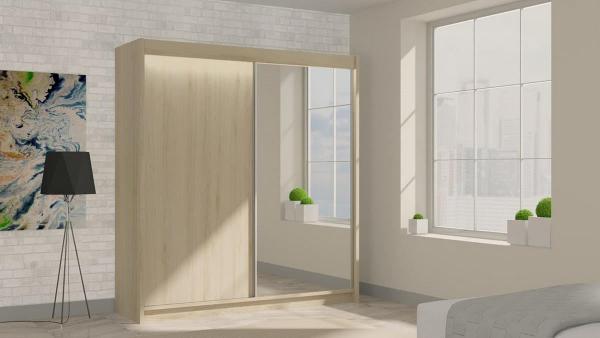 KLEIDERSCHRANK mit Spiegel-Schiebetüren und Aluminium-Leisten, LED-Beleuchtung - PARTI - 200 cm Braun - Braun, Holzwerkstoff (200/216/61cm) - ALTDECOR