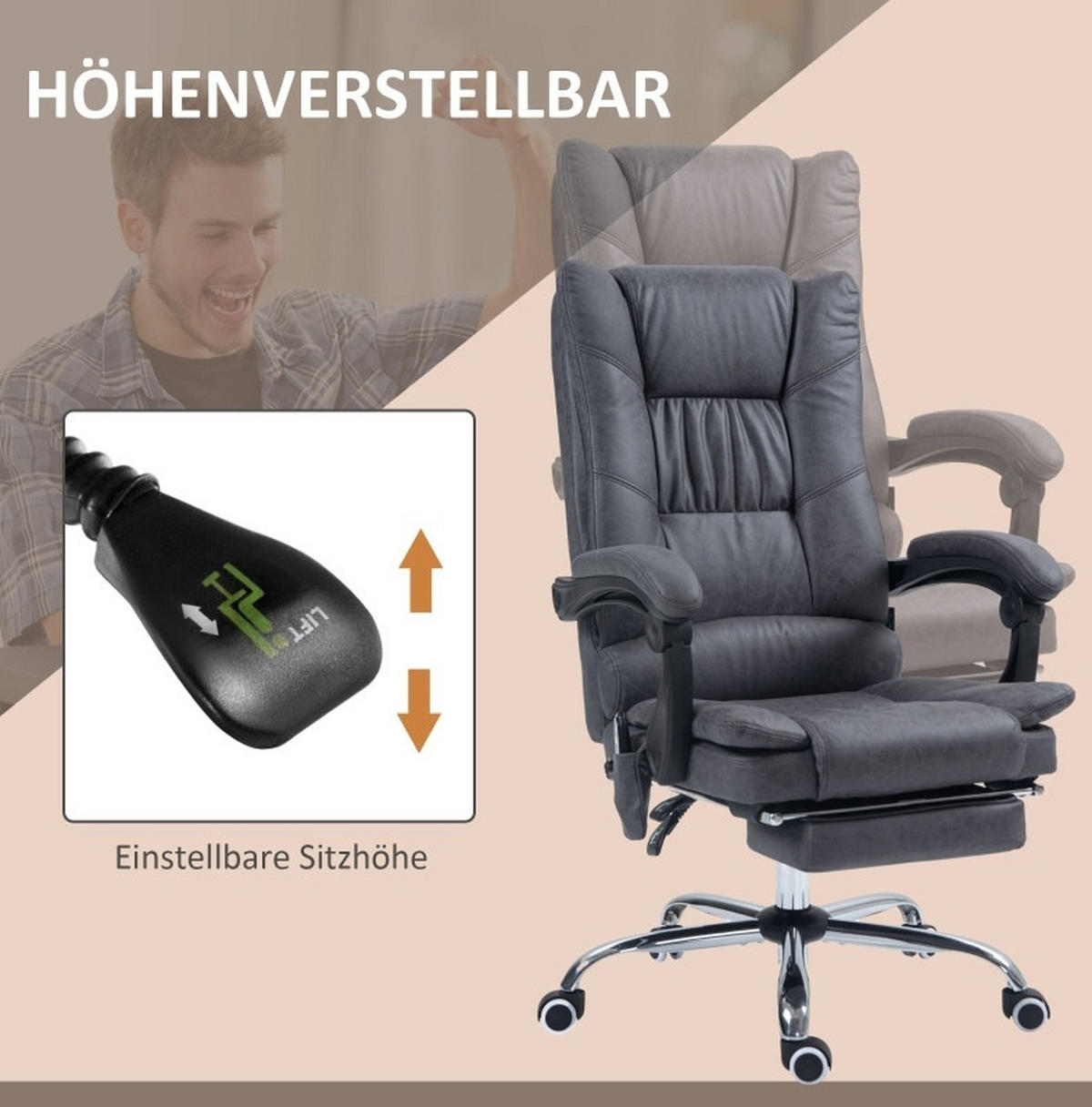 GAMINGSTUHL 64/110-118/70 cm Dunkelgrau aus Polyester mit Massagefunktion - Dunkelgrau, Kunststoff (70/118/64cm) - OKMYHOME