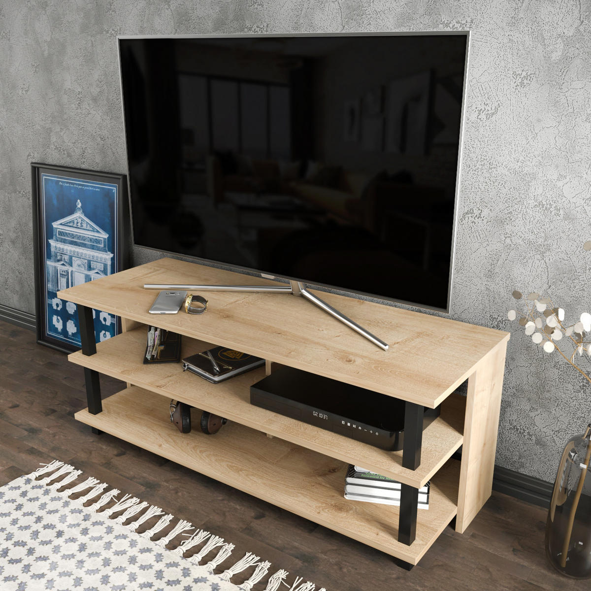 TV Board Pueblo Schwarz-Eiche - Eichefarben/Schwarz, Holzwerkstoff (120/47/45cm) - Decorotika