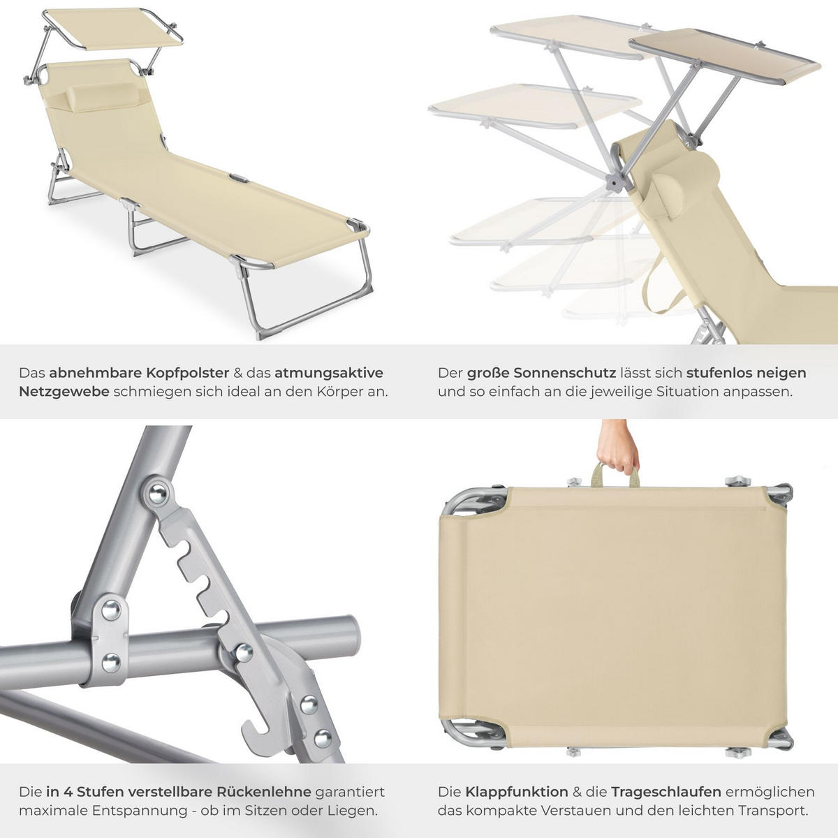 SONNENLIEGE 2er Set Chloé, 190 x 68 x 111 cm, beige - Beige, Kunststoff (68/65/190cm) - tectake