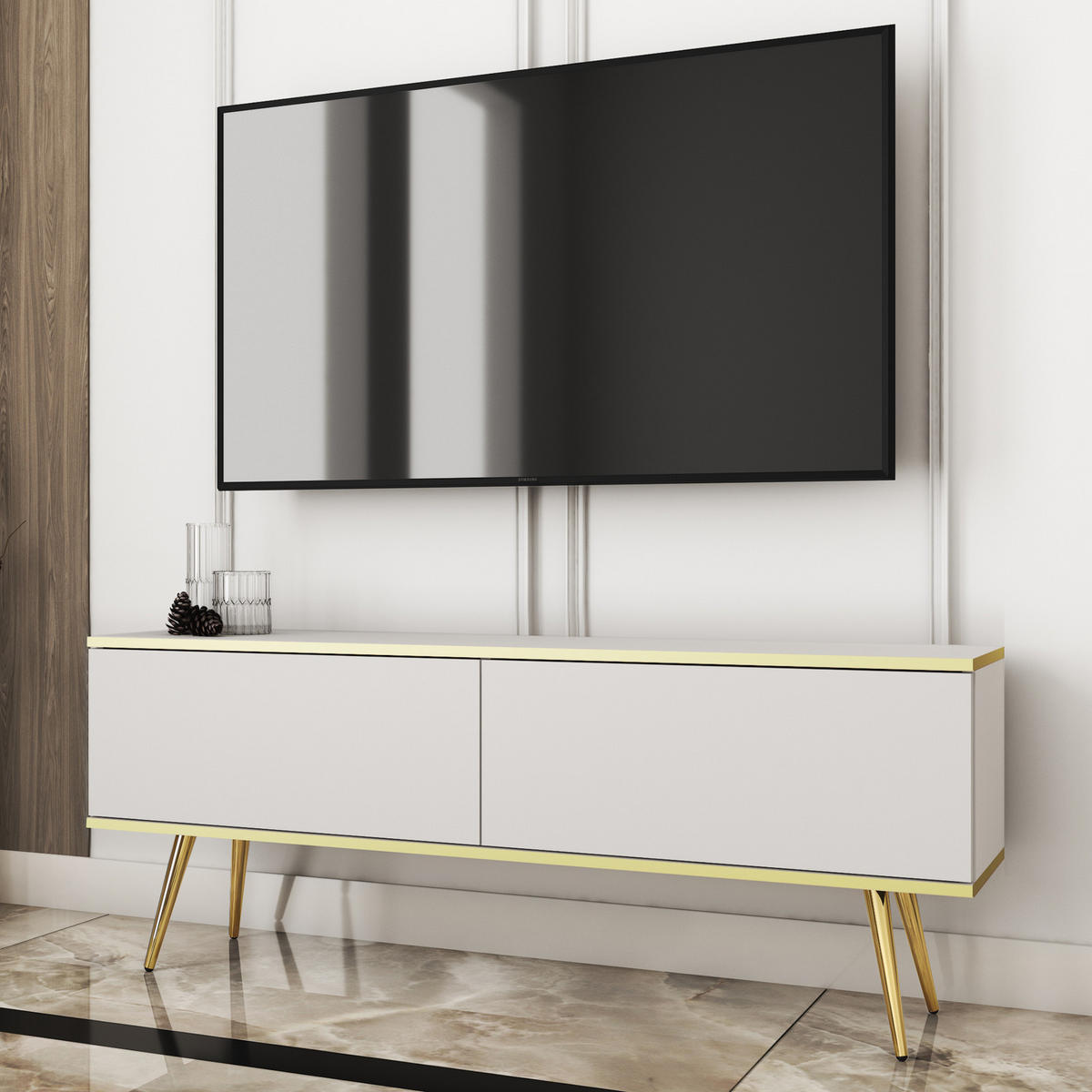 TV-LOWBOARD FORNO (Weiß, Goldene Details, 2 Türen, goldene Metallfüße, 135 cm) - Gelb/Goldfarben, Holz/Holzwerkstoff (135/53/32cm) - Ravio