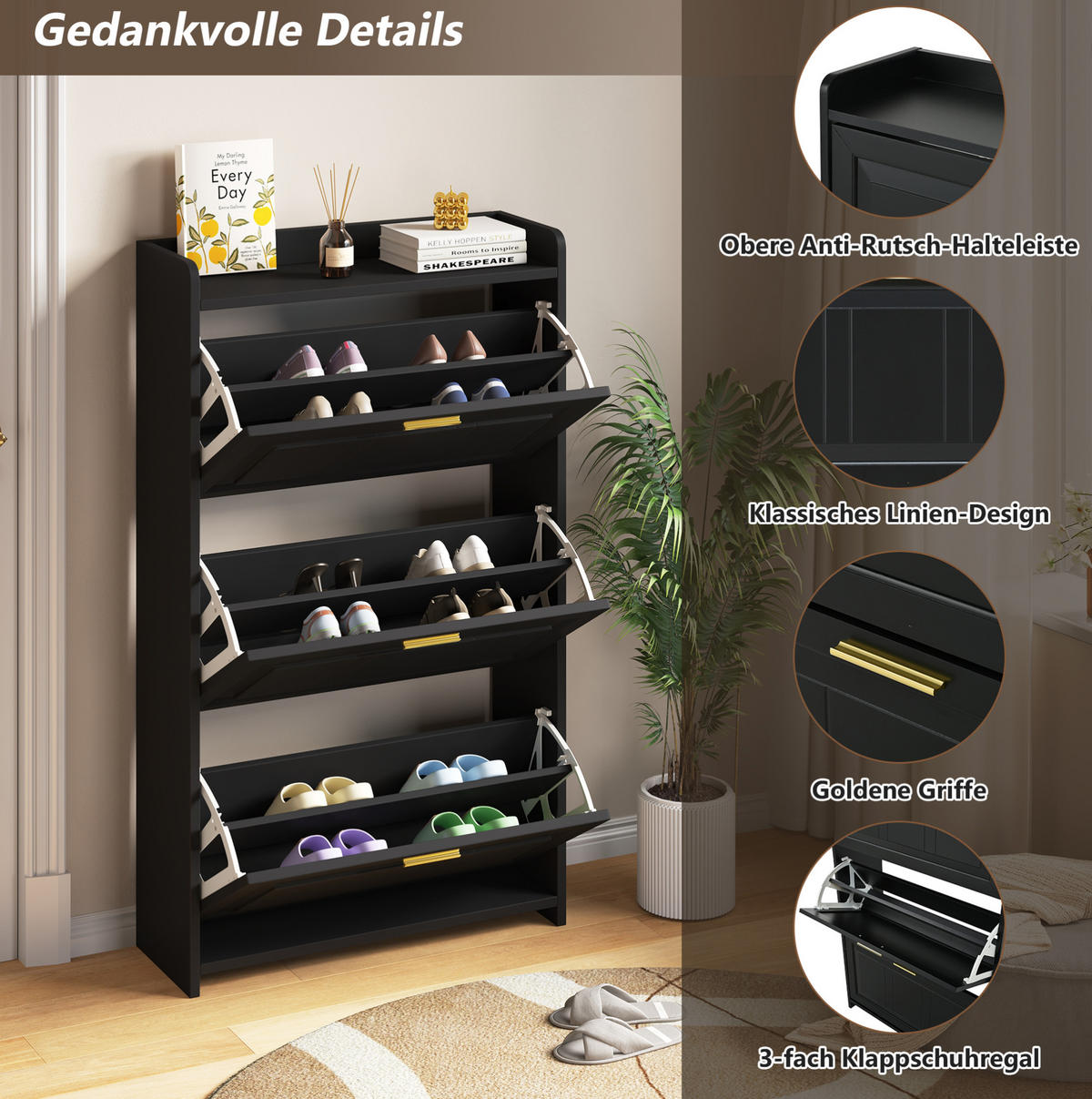SCHUHSCHRANK mit Klappen 70/24/120 cm in Schwarz, platzsparend - Schwarz, Holzwerkstoff (70/120/24cm) - BEAOK