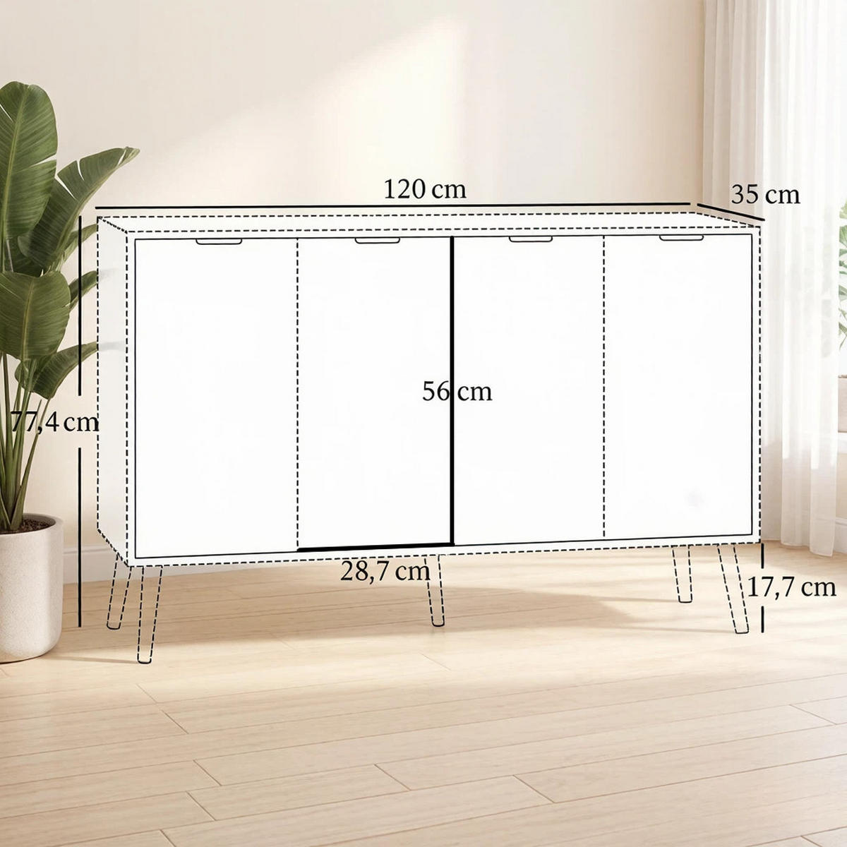 SIDEBOARD DE-38086 120/35/77,4 cm mit 2 zweistufigen Schränken Weiß - Weiß, Holzwerkstoff (120/77.4/35cm) - ComfortXL