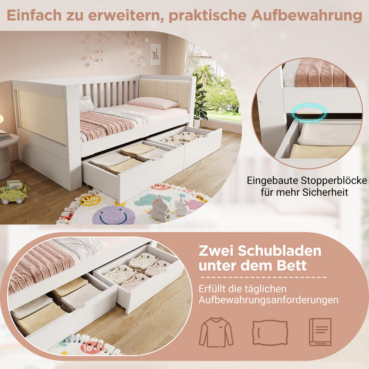 POLSTERBETT 90/190 cm mit 2 Schubladen, gepolsterter Rückenlehne und Lattenrost, Holz, Weiß - Weiß, Textil (90/190cm) - Redom