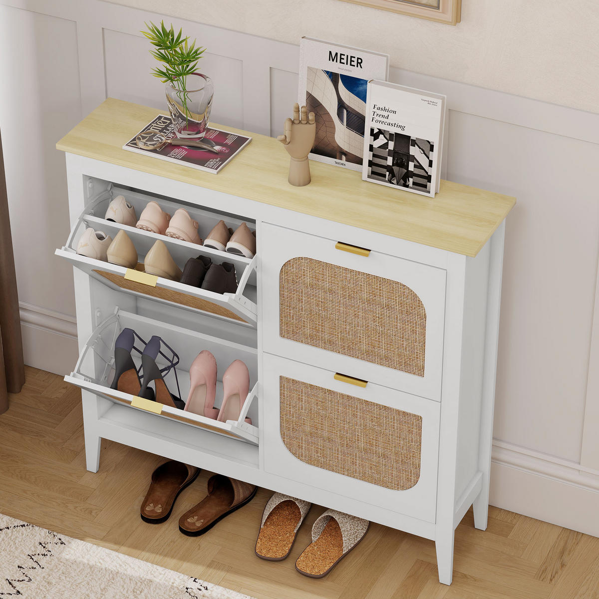 SCHUHSCHRANK DE-15044 4 Klapptüren mit Rattan-Optik für 20 Paar Schuhe Weiß - Weiß, Holzwerkstoff (105/95.5/24cm) - ComfortXL
