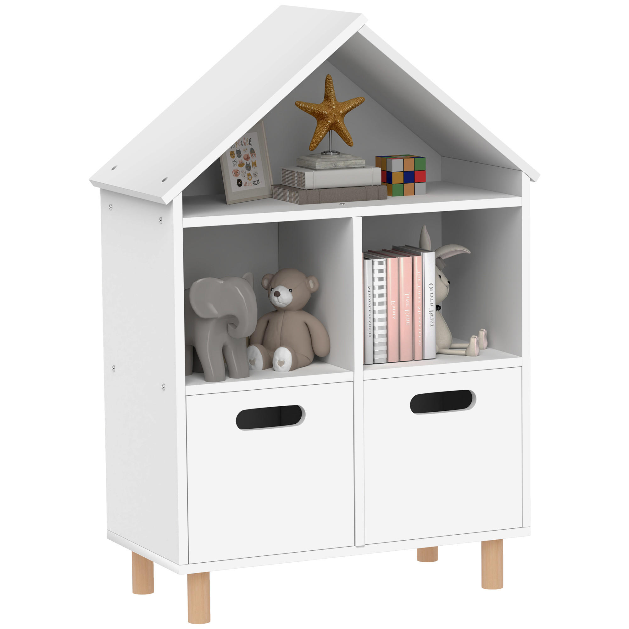 KINDERREGAL DE-17241 3 Ebenen mit 2 Schubladen, Hausform Weiß - Weiß, Holzwerkstoff (63.7/89.5/29.7cm) - ComfortXL