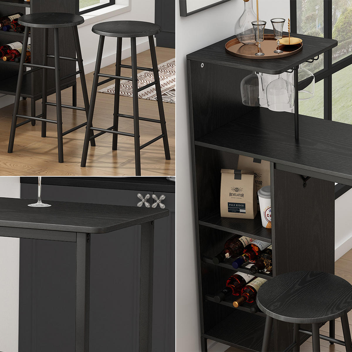 BARTISCH-SET Naila Schwarz 121.5 x 40 cm mit 2 Hocker - Schwarz, Holzwerkstoff (121.5/120/40cm) - Vicco