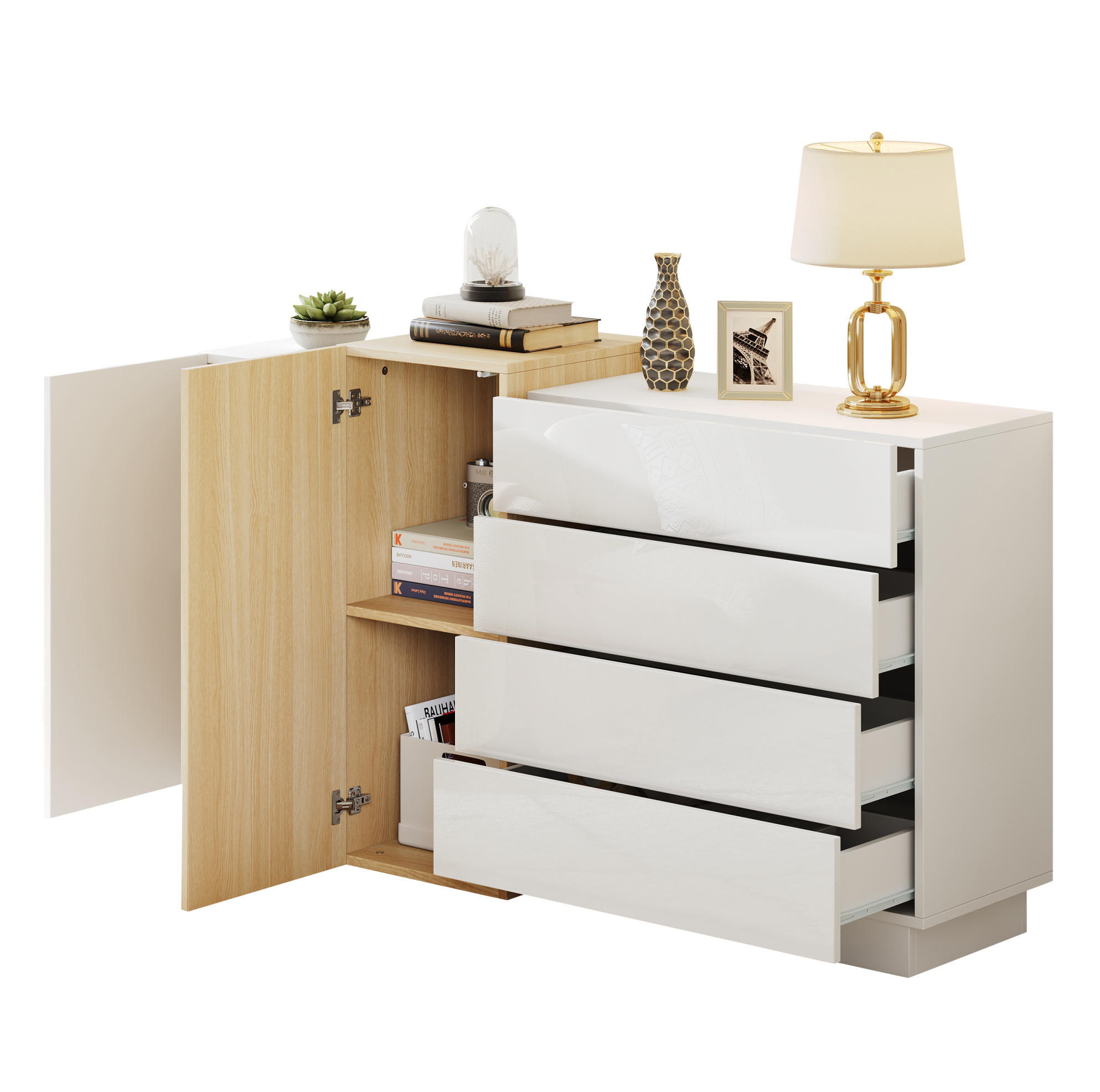 SIDEBOARD 140/35/76,5 cm weiß aus MDF mit Hochglanz und Drucköffnung - Weiß, Holzwerkstoff (140/76.5/35cm) - OKWISH