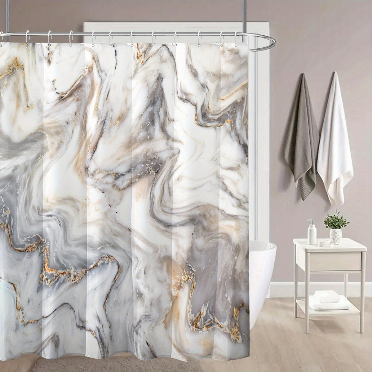 DUSCHVORHANG Goldfarben Grau Marmor modern abstrakt wasserdicht mit Haken - Grau, Textil (180/180cm) - MCBOSON