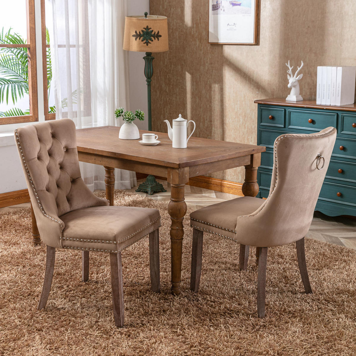 ESSZIMMERSTUHL Samt mit hoher Rückenlehne Massivholzgestell Khaki 2er-Set - Braun, Holz (50/95/65cm) - Meubliv