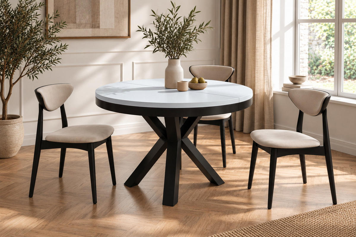 ESSTISCH Clara runder ausziehbarer, Weiß 100-180/100/76 cm - Schwarz/Weiß, Holzwerkstoff/Metall (100/180/76cm) - WFL GROUP