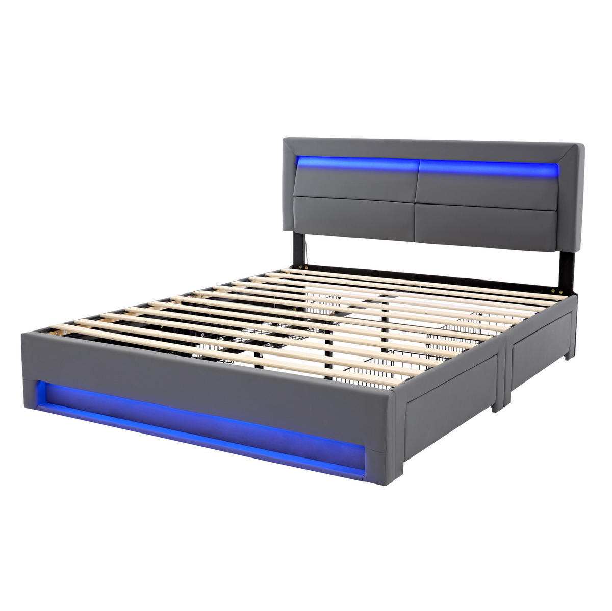 POLSTERBETT 140/200 cm mit LED & USB-Ladefläche, 4 Schubladen, PU-Bezug Grau - Grau, Kunststoff (140/200cm) - Redom